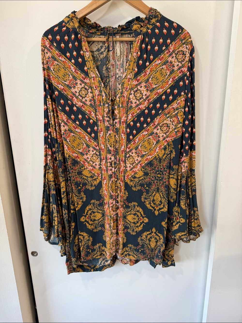 Free People Navy Printed Boho Blouse with Mustard and Coral Accents